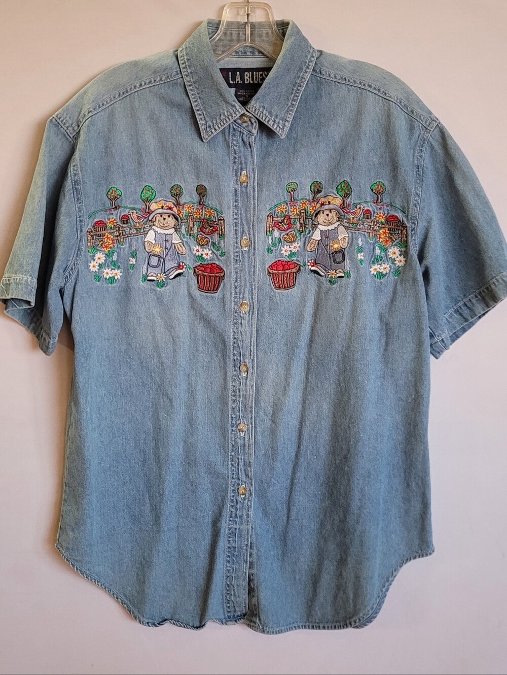 L.A. Blues Vintage Denim Shirt Womens S Embroidered Scarecrow Garden Cottagecore